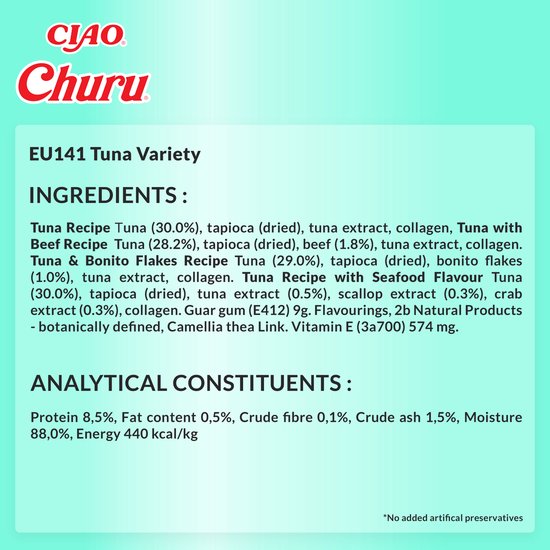 Lijst met ingrediënten en analytische bestanddelen van de Ciao Churu tonijn-variëteit.