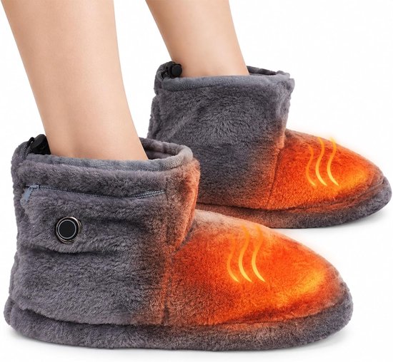 Close-up van voeten in grijze pluche laarzen die warmte uitstralen, aangegeven door oranje hittegolven.
