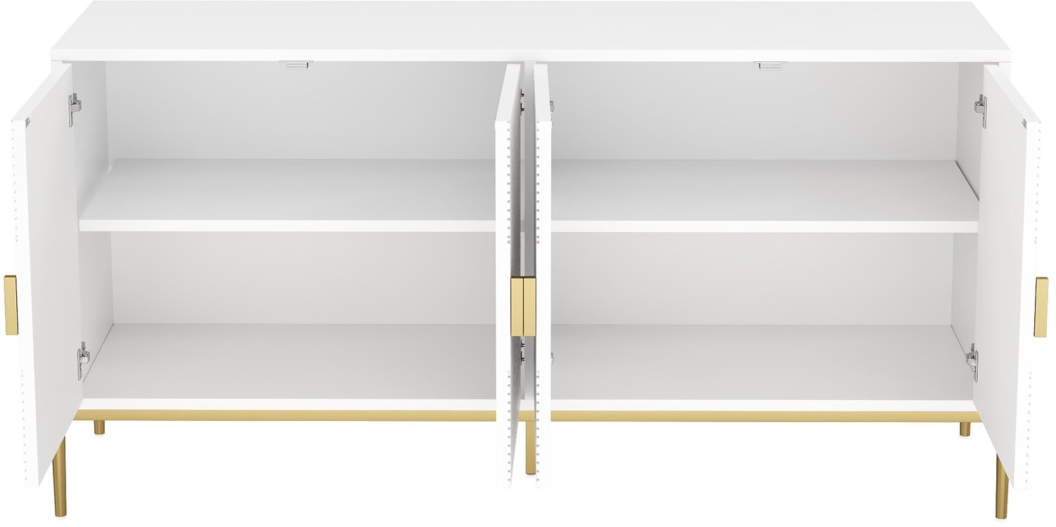 Ropilly Dressoir - 162 x 40 x 80 cm - Met 4 deuren - Wit met geometrisch patroon en gouden handgrepen - Metalen poten voor woonkamer, eetkamer of hal