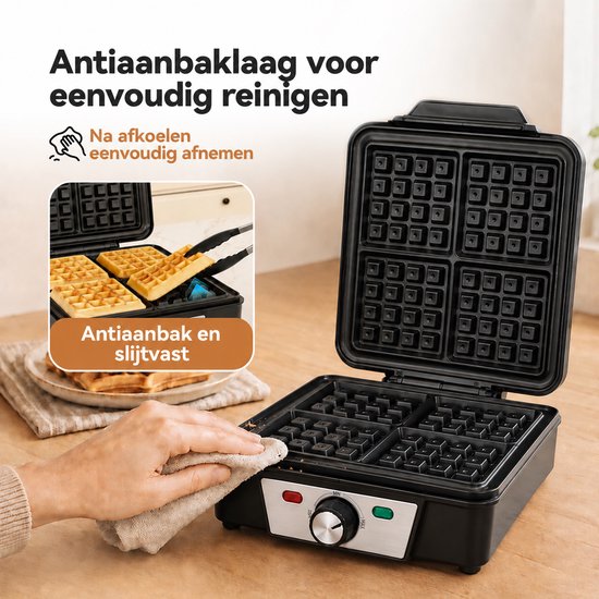 Belgisch Wafelijzer 1200 W - 4 Wafels Tegelijk - Wafelmaker met Instelbare Temperatuur en Antiaanbaklaag - Overlooprand - Indicatielampjes - Compact Rechtop Opbergen - Voor Brunch en Desserts - Zwart/Zilver — afbeelding 5