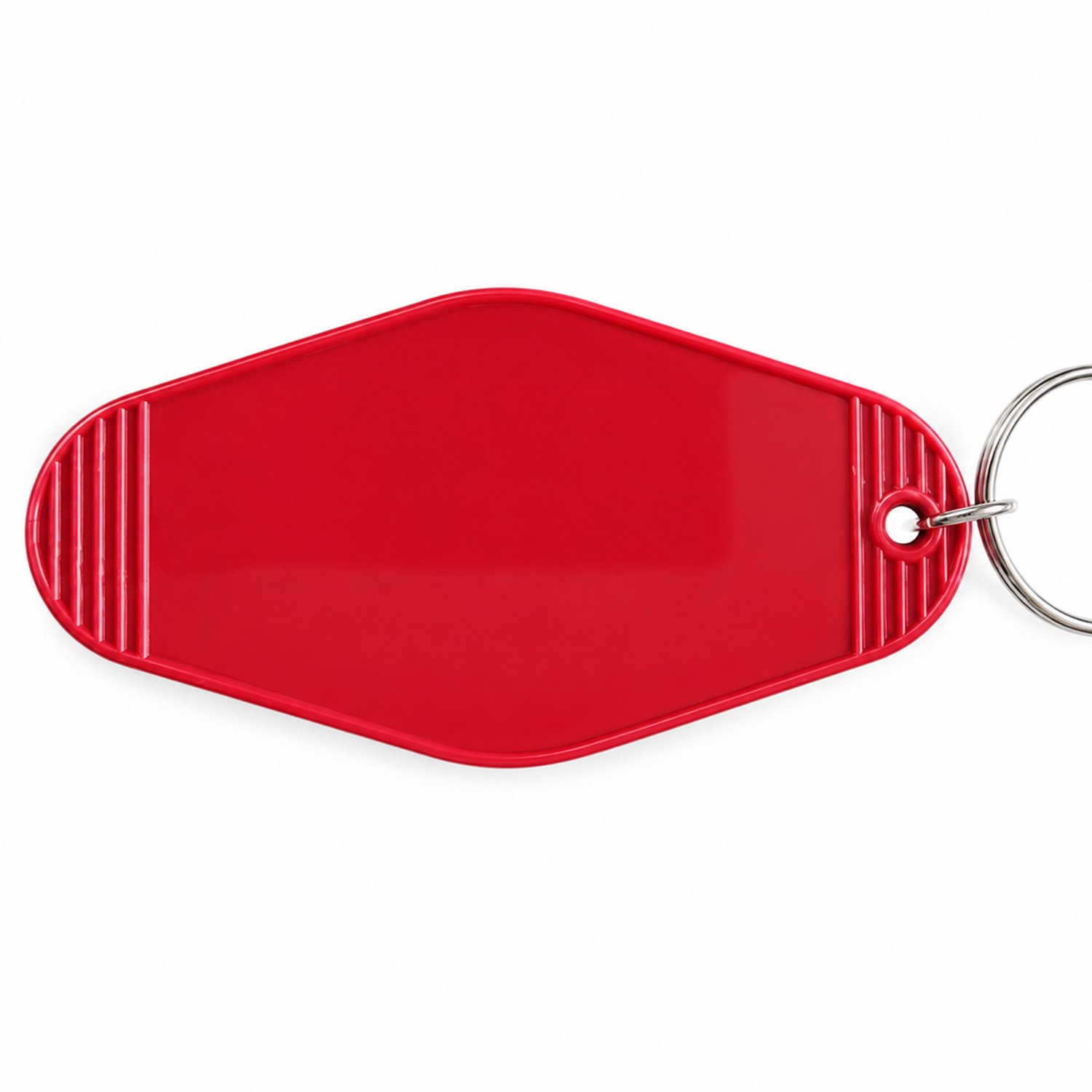 Sleutelhanger van rood kunststof met sleutelring - blanco sleutellabel in retro motelstijl met afgeronde ruitvorm