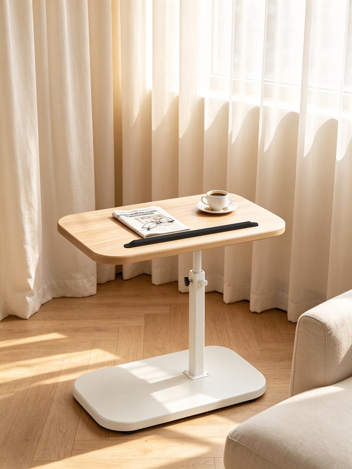 learnlogic Tv-tafeltje met een minimalistisch blad van natuurlijk hout en een wit frame geschikt voor bij de bank draaibaar en in hoogte verstelbaar perfect om aan te eten of een laptop te gebruiken in de woonkamer Bureauformaat 30*40 cm Natuurlijke houtkleur