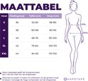 Maattabel met lichaamsmaten voor maat S t/m XXL, inclusief tekening van een vrouwelijk silhouet met taille- en heupindicatie.
