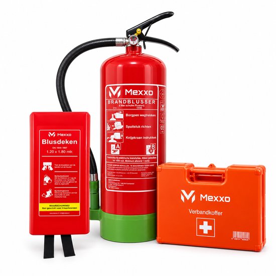 Mexxo veiligheidspakket: rode brandblusser, rode blusdeken en oranje verbandkoffer.