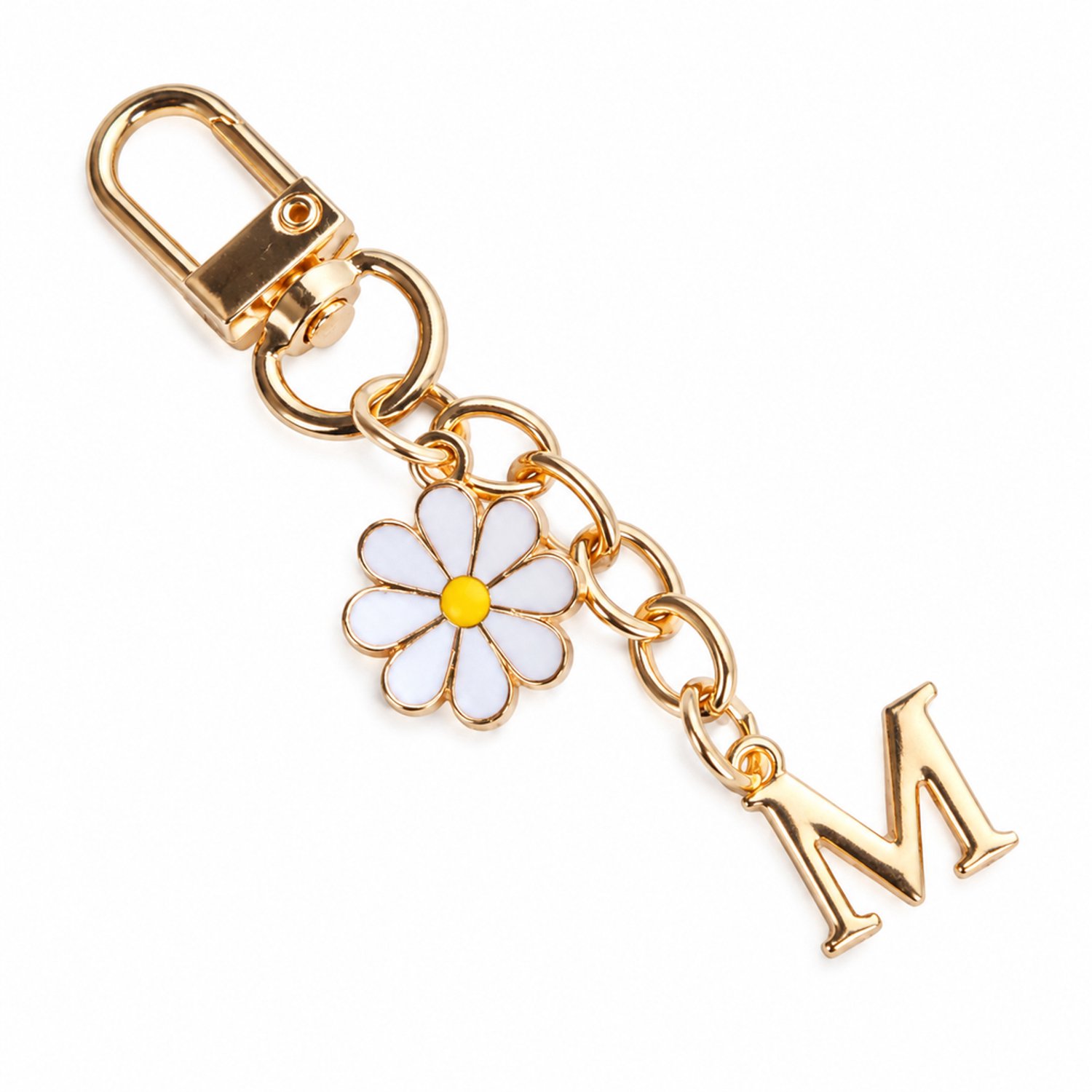 Sleutelhanger met letter M en madeliefje - metalen kettinghanger met sluitclip voor sleutels en tassen