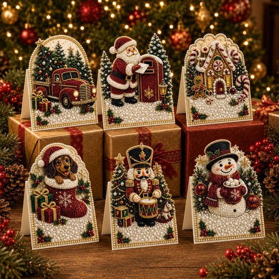 Zes 3D diamond painting kerstkaarten met iconische motieven zoals de Kerstman, een notenkraker en een sneeuwpop.
