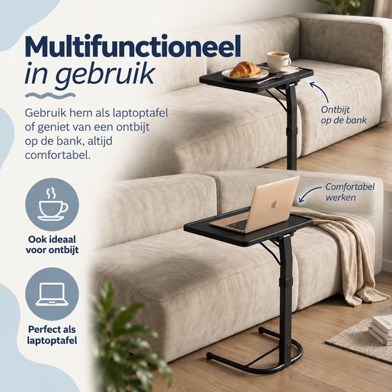 Zwarte multifunctionele laptoptafel gebruikt voor ontbijt en werk bij een bank.