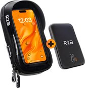 Zwarte R2B telefoonhouder met ingebouwde zwarte R2B powerbank.