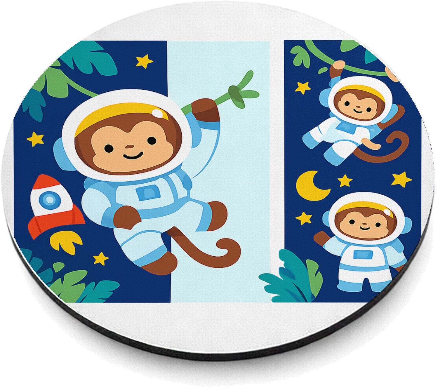 Mr Cadeautjes MDF magnetische fotolijst rond Ø 9,5 - design Dromerige jungle met hangende aapjes en tropische bladeren | cadeau Wit