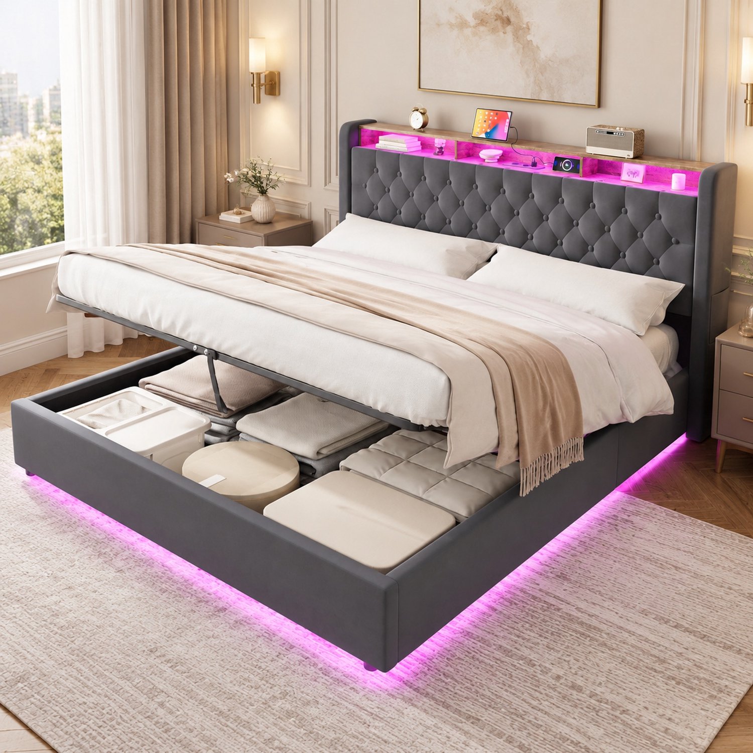 MIVRAY Bed Met Opbergruimte – 180 x 200 cm – Fluweel – Donkergrijs – Met Opklapbaar Hoofdbord – Tienerkamer En Slaapkamer – Lattenbodem