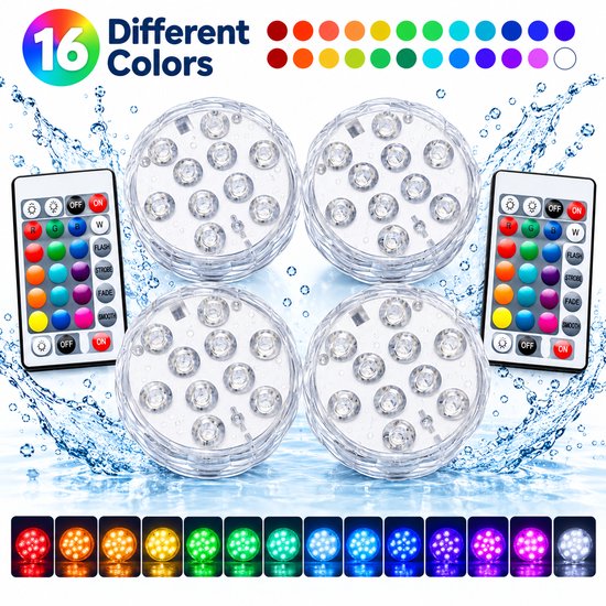 Vier ronde, waterdichte RGB LED-lampen met twee afstandsbedieningen, instelbaar in 16 verschillende kleuren.