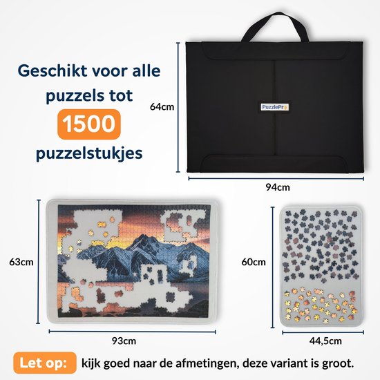 Zwarte PuzzlePro puzzelkoffer voor 1500 stukjes, met afmetingen en een inlegvel voor de puzzel.