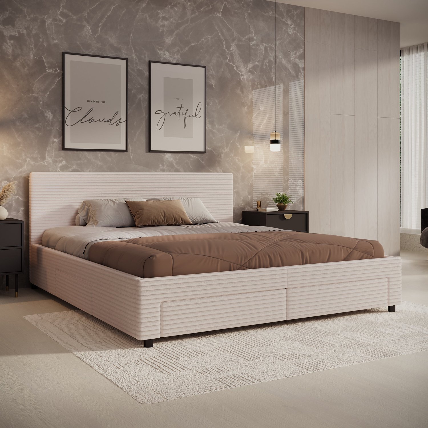MEUBELLA Tweepersoonsbed Suente - Beige ribstof - 180x200 cm