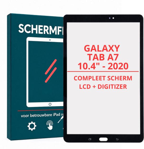 Samsung Galaxy Tab A7 10.4 inch 2020 vervangend scherm, LCD en digitizer, naast een Schermfixen verpakkingsdoos.