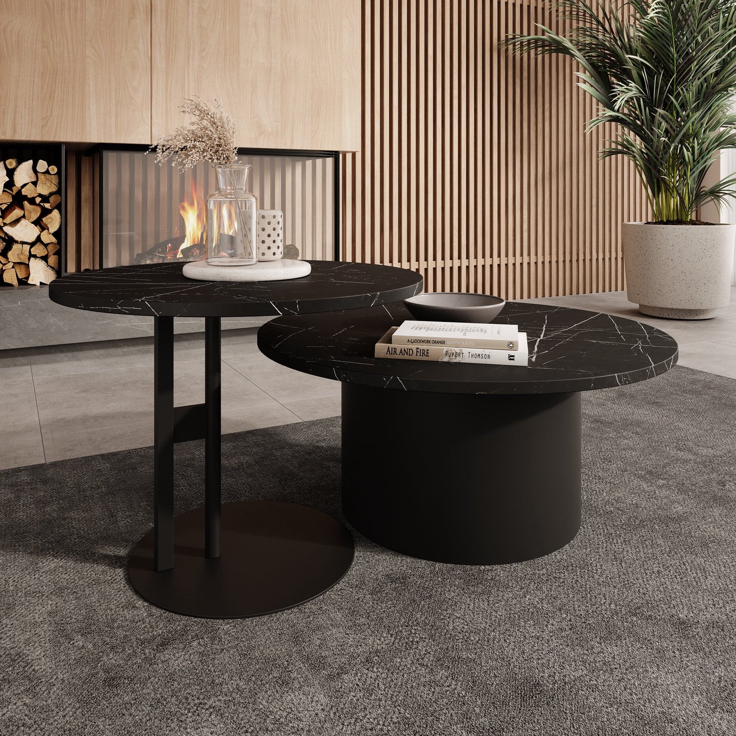 MEUBELLA Mastro - Salontafel set van 2 - Zwart marmerlook - 58-75 cm