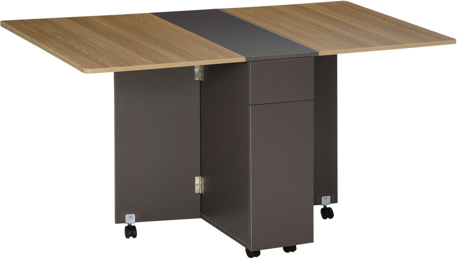 Lunpog Eettafel op wielen - Opklapbare tafel - Met lades en kastjes - Afmetingen: 76 cm x 140 cm x 74 cm - Grijs/Natuurlijke houtkleur