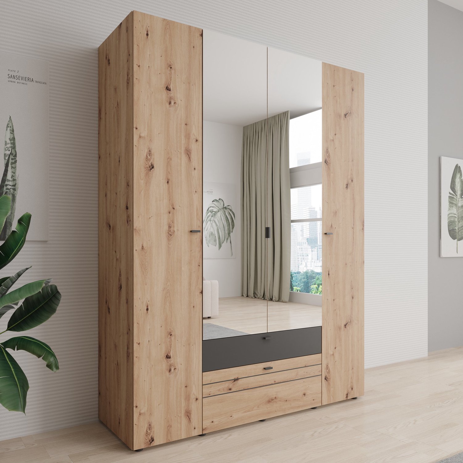 MEUBELLA Basmira - Kledingkast met 4 deuren - Eiken - 155x52x208 cm Bruin
