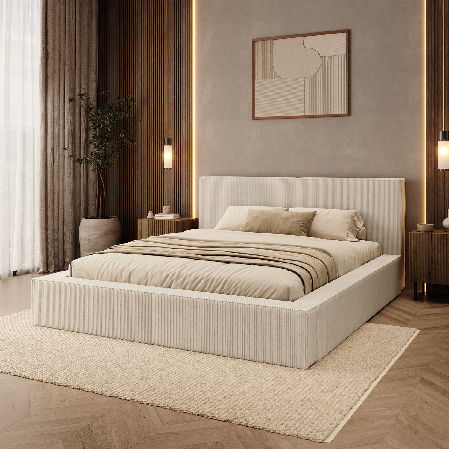 MEUBELLA Vara - Tweepersoonsbed - Ribstof beige - 160x200 cm