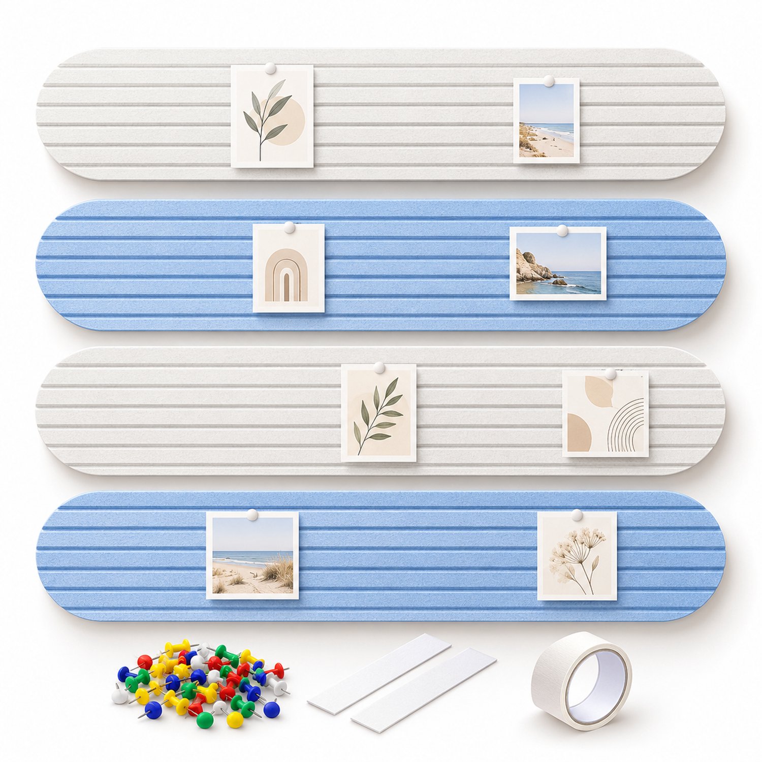 Lifhelpe Zelfklevend Prikbord 4 Stuks – 20 × 80 cm – Vilten Memobord voor Foto's en Notities – Decoratief Wandprikbord Zonder Boren – Blauw en Wit