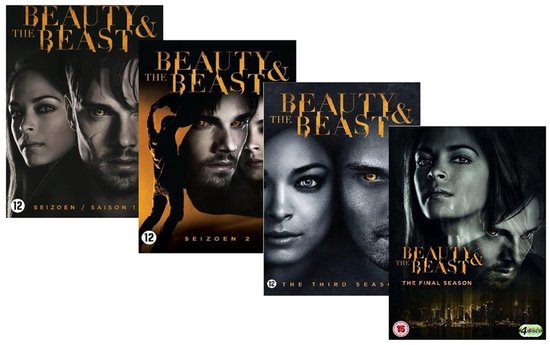 Beauty and the Beast DVD-box seizoenen 1 t/m 4 met close-ups van de hoofdrolspelers in donkere stijl.