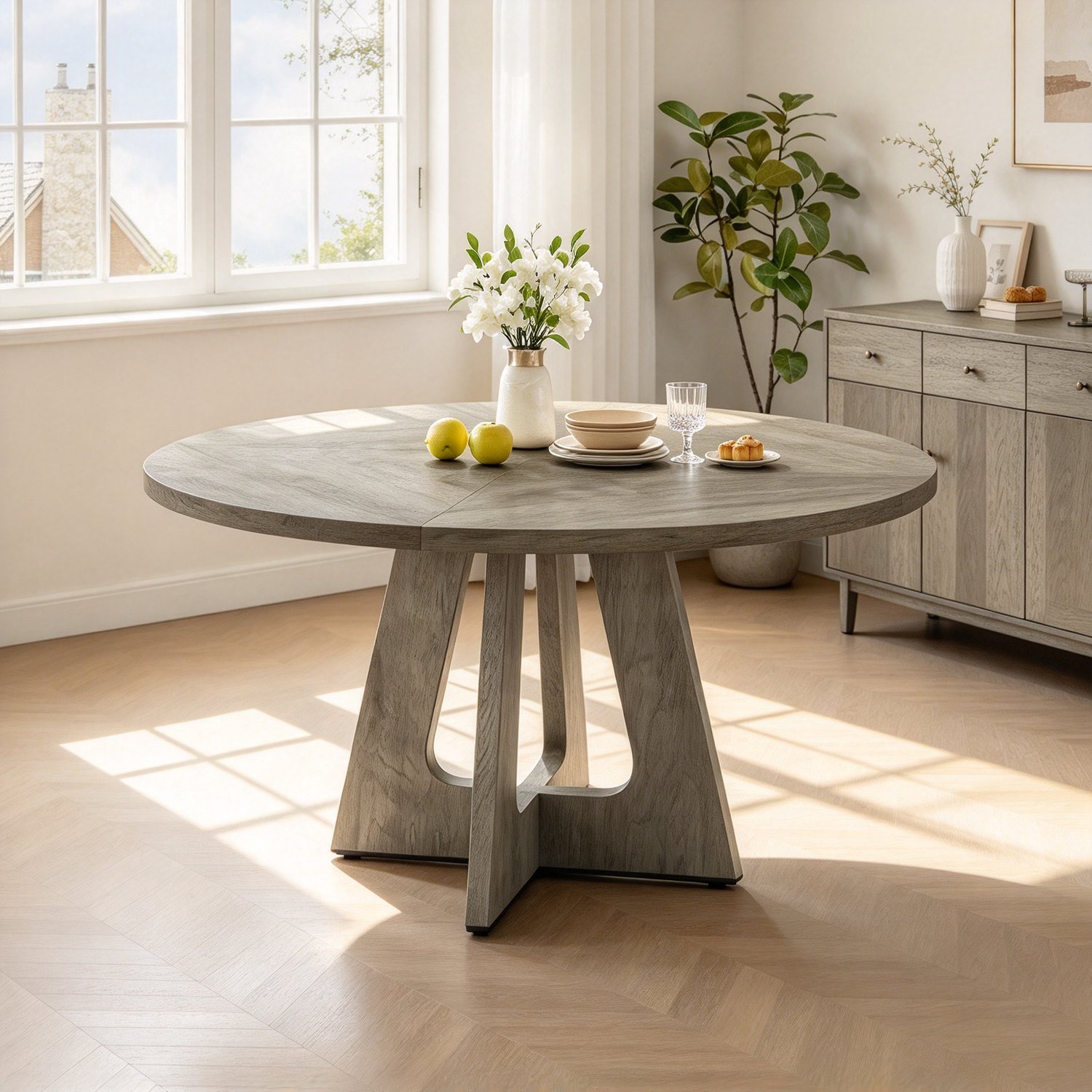 Triumpunpre Ronde Eettafel - Keukentafel - 120 cm - Industrieel Rustiek Design - Houten tafel met kruisvormige voet - voor 4‑6 Personen - voor Keuken, Eetkamer & Woonkamer - Grijs