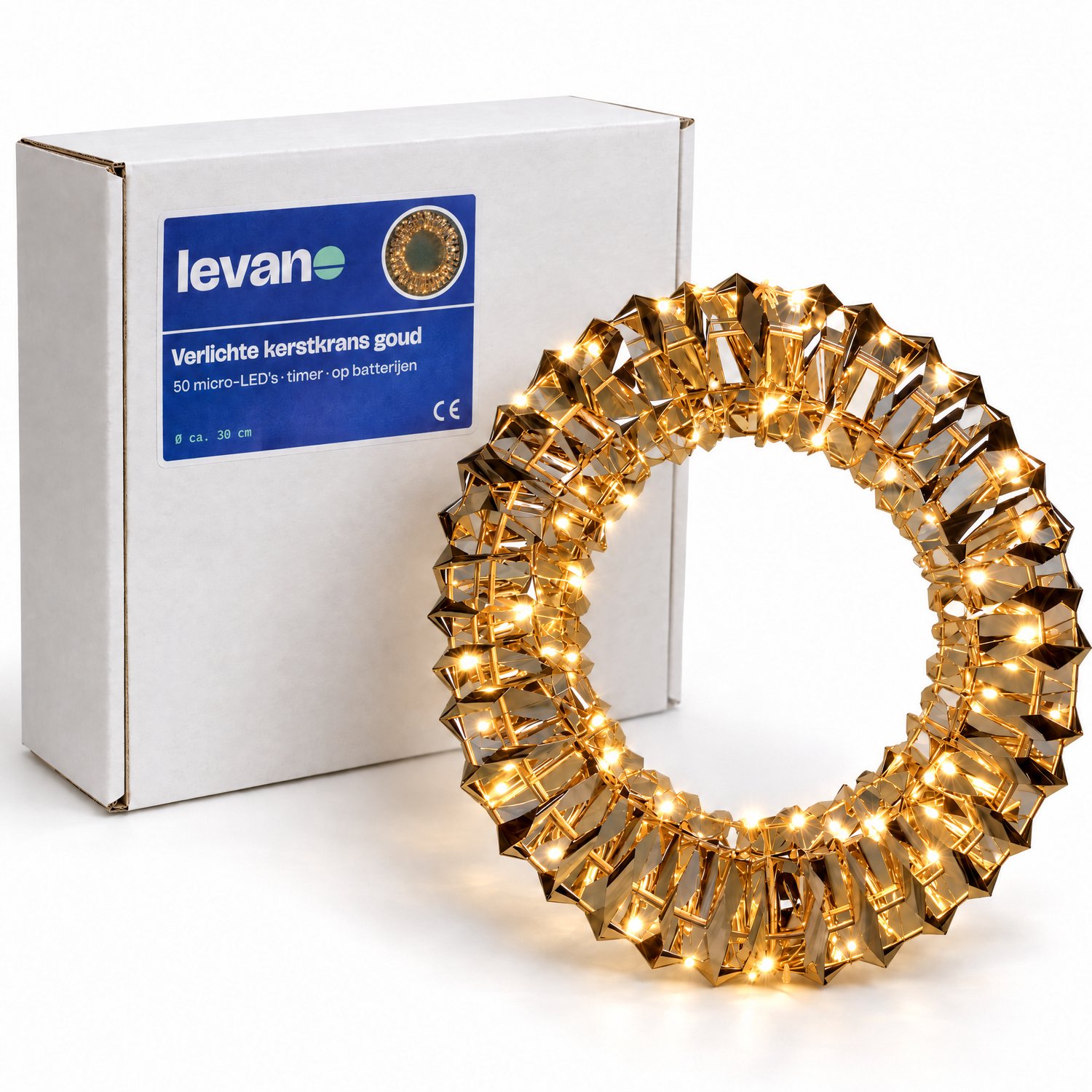 Levano Kerstkrans met Verlichting Goud - 50 LED - Kerstverlichting op Batterij - Kerstdecoratie voor Binnen - Kerstlampjes met Timer - Kerstverlichting Raam - Lichtkrans - LED Krans - Warm Wit - Gouden Krans - Deurkrans - Raamkrans - Kerstring – foto 8