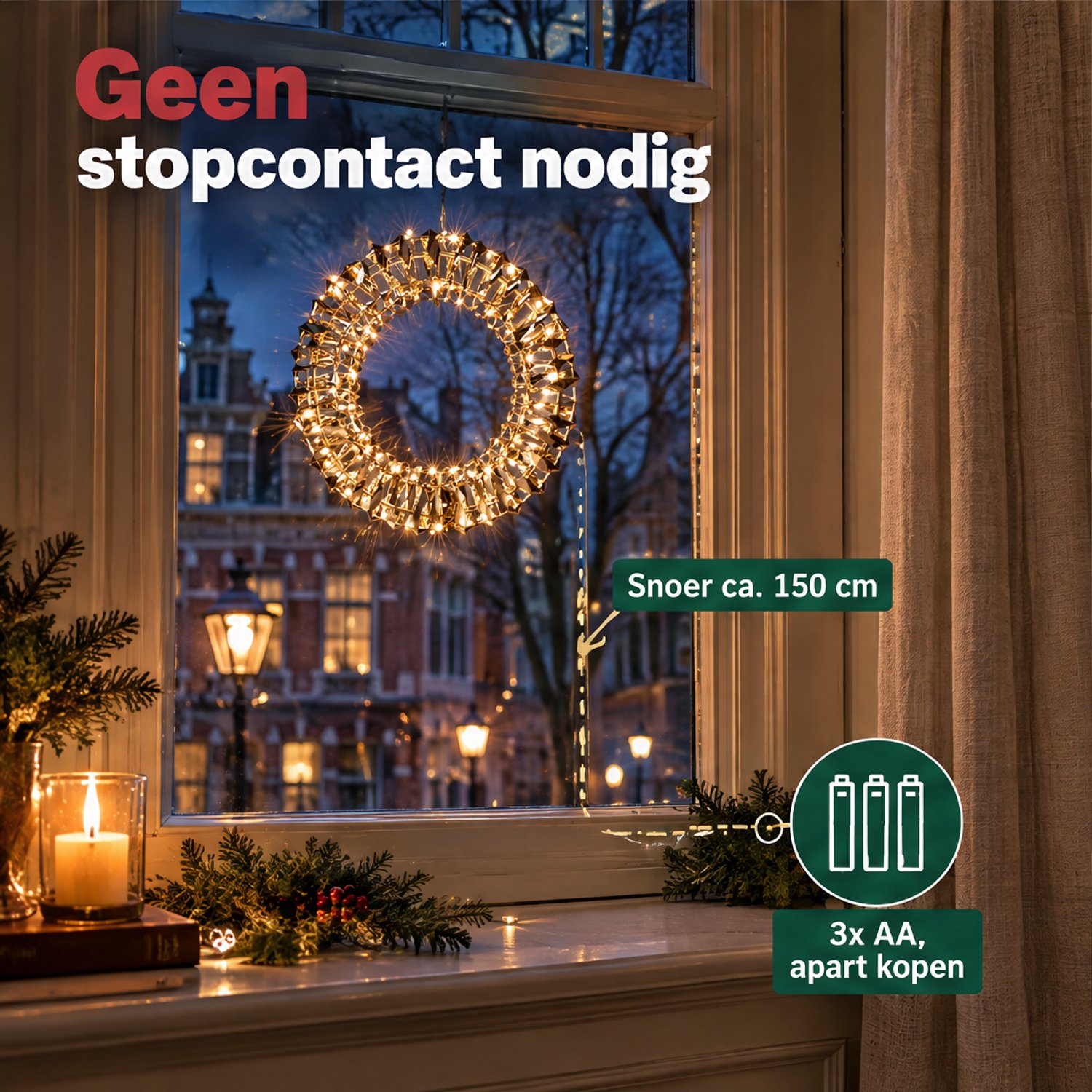 Levano Kerstkrans met Verlichting Goud - 50 LED - Kerstverlichting op Batterij - Kerstdecoratie voor Binnen - Kerstlampjes met Timer - Kerstverlichting Raam - Lichtkrans - LED Krans - Warm Wit - Gouden Krans - Deurkrans - Raamkrans - Kerstring – foto 5