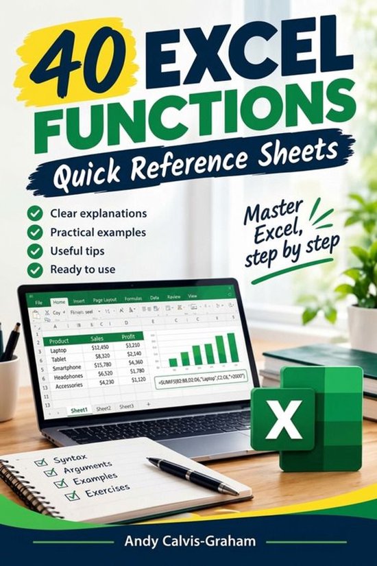 Boekomslag '40 Excel Functions' met laptop waarop een Excel-spreadsheet en het Excel-logo te zien zijn.