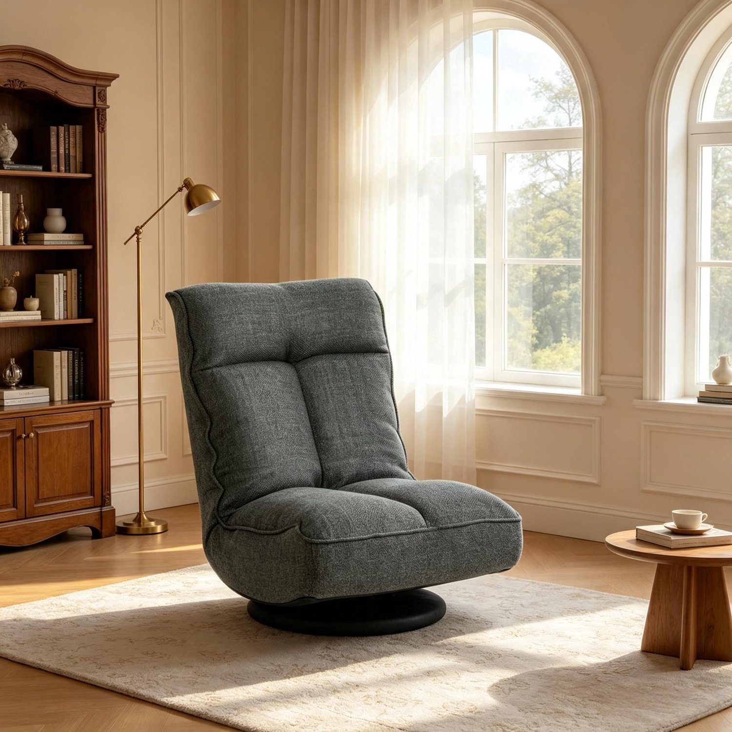 OKWISH Relaxfauteuil 58 x 107 x 79 cm - Draaibaar met Rugleuning in 5 Standen - Voor Lezen en Ontspannen - Polyester en Metaal - Grijs