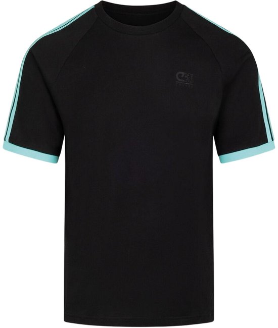 Zwart t-shirt met een rond model, afgewerkt met lichtblauwe mouwboorden en dubbele strepen op de schouders.