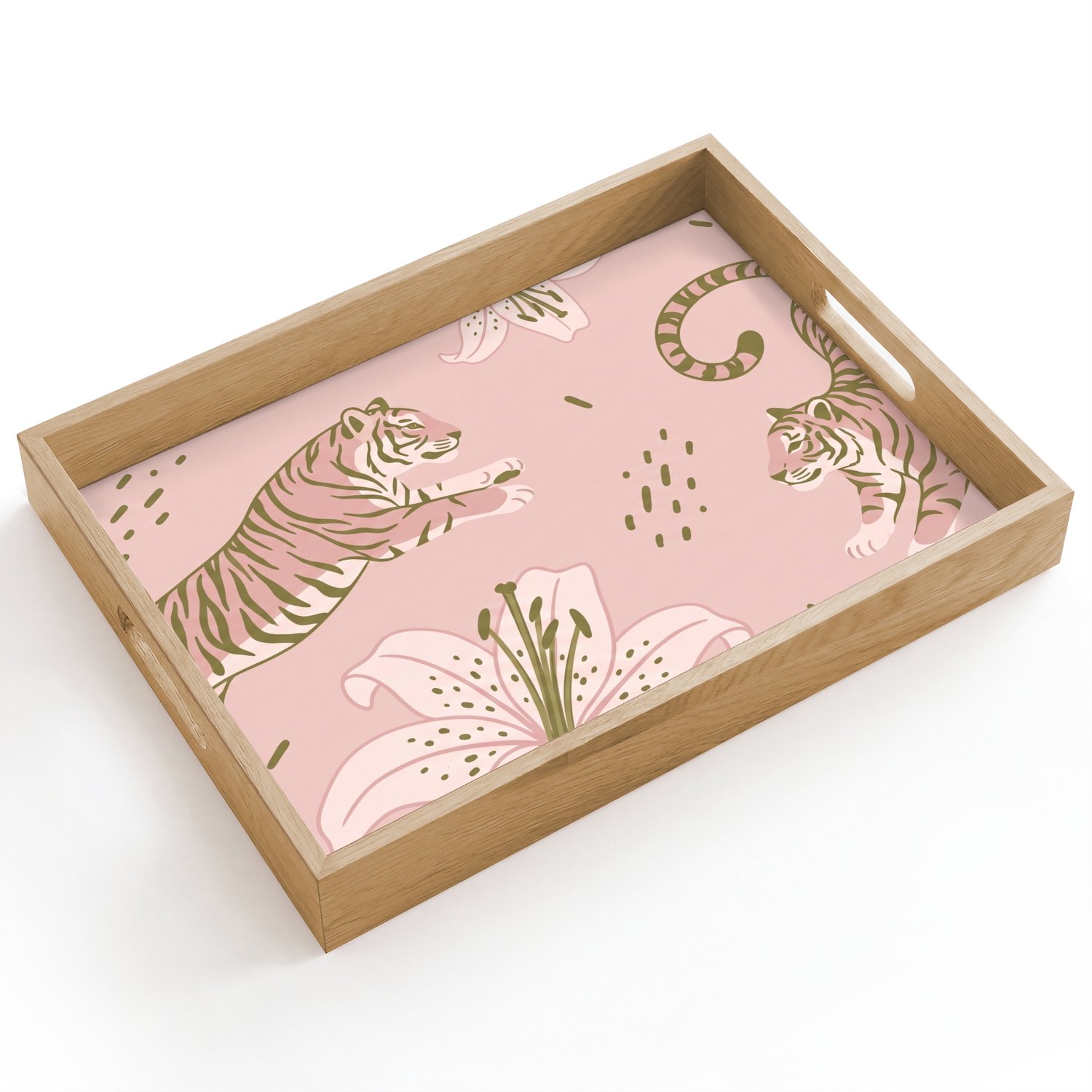 Dienblad hout 40x30 cm - Schootdienblad - Kat - Springend - Bloemen - Abstract - Roze - Borrelplank rechthoek - Plateau dienbladen