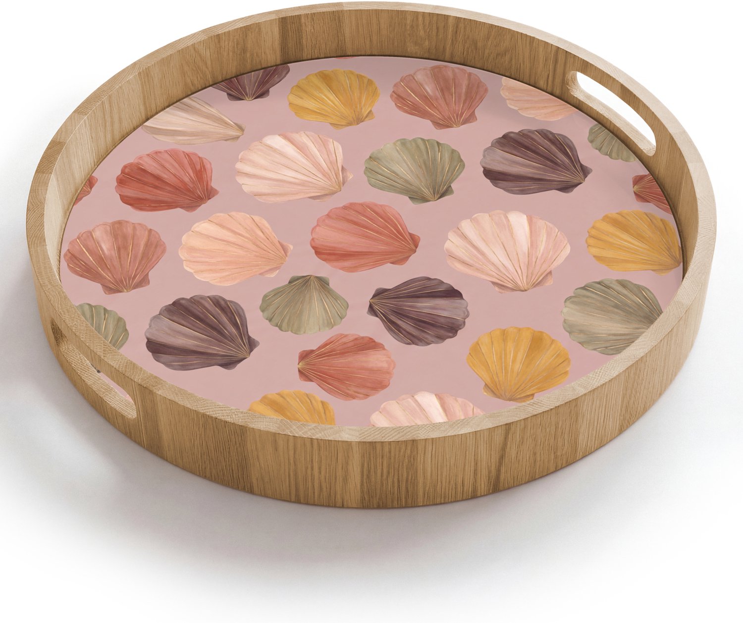 Dienblad rond 40x40 cm - Schootdienblad hout - Schelp - Patroon - Zee - Aquarel - Aardetinten - Borrelplank rechthoek - Plateau houten dienbladen