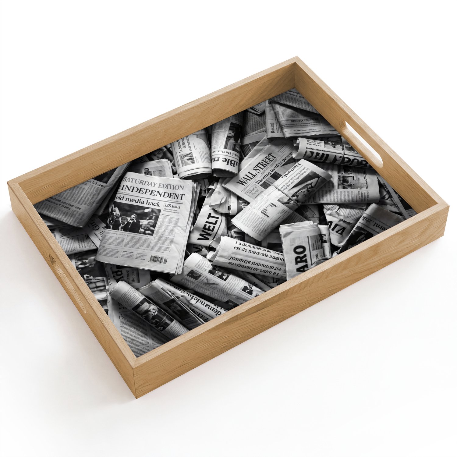 Dienblad hout 40x30 cm - Schootdienblad - Krant - Stapel - Nieuws - Zwart-wit - Borrelplank rechthoek - Plateau dienbladen