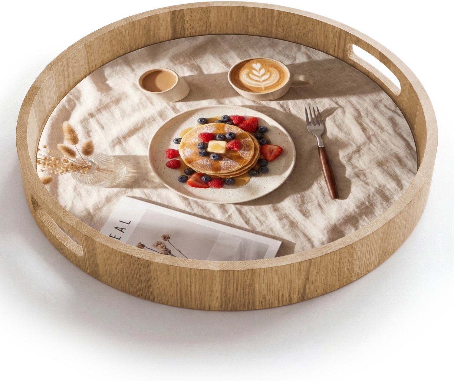 Dienblad rond 40x40 cm - Schootdienblad hout - Pannenkoeken - Bessen - Ontbijt - Modern - Beige - Borrelplank rechthoek - Plateau houten dienbladen