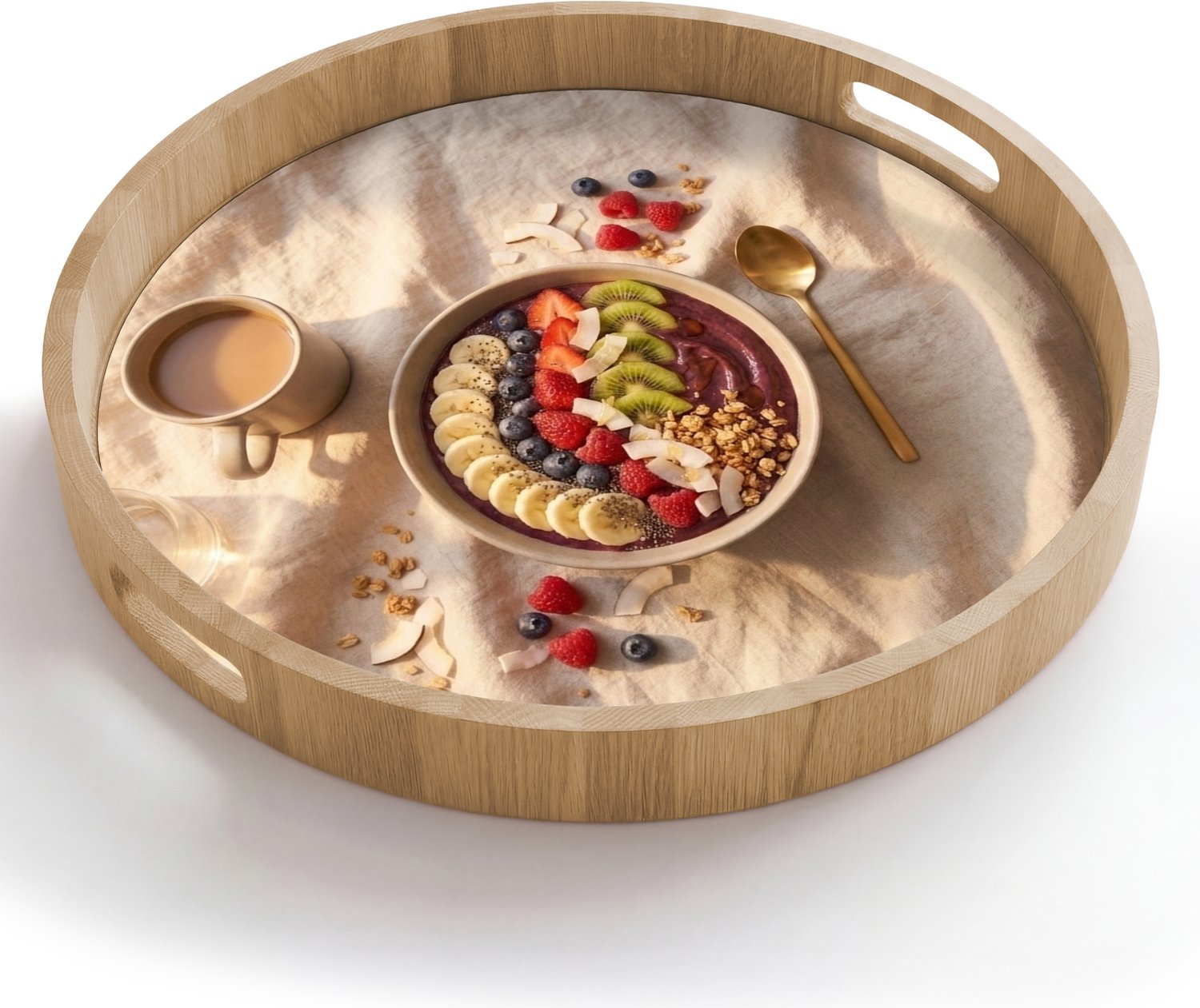 Dienblad rond 50x50 cm - Schootdienblad hout - Eten - Ontbijtkom - Fruit - Gezond - Kleurrijk - Borrelplank rechthoek - Plateau houten dienbladen