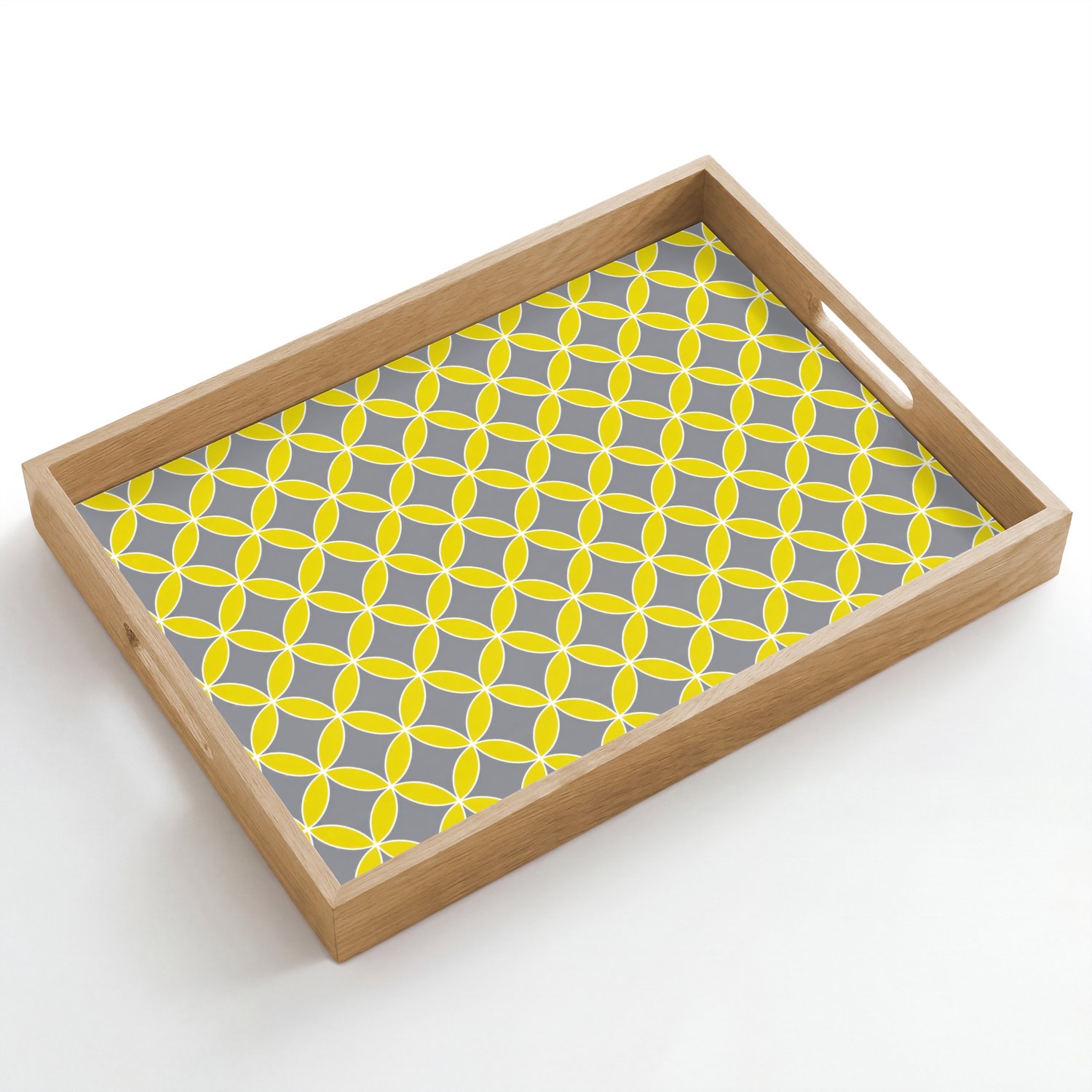 Dienblad hout 50x35 cm - Schootdienblad - Geometrisch - Cirkels - Modern - Grijs - Geel - Borrelplank rechthoek - Plateau dienbladen