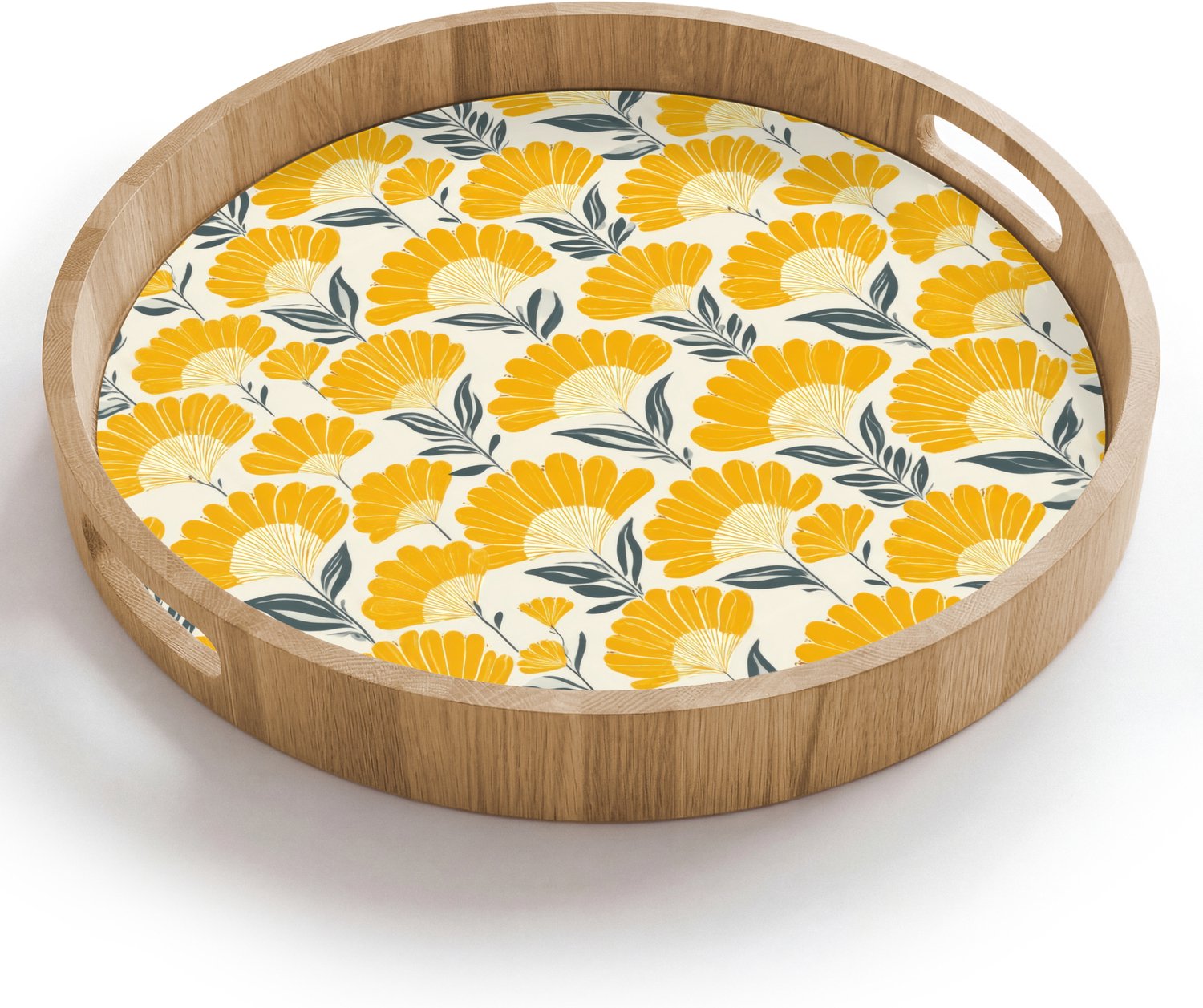 Dienblad rond 40x40 cm - Schootdienblad hout - Bloemen - Retro - Botanisch - Okergeel - Grijs - Borrelplank rechthoek - Plateau houten dienbladen