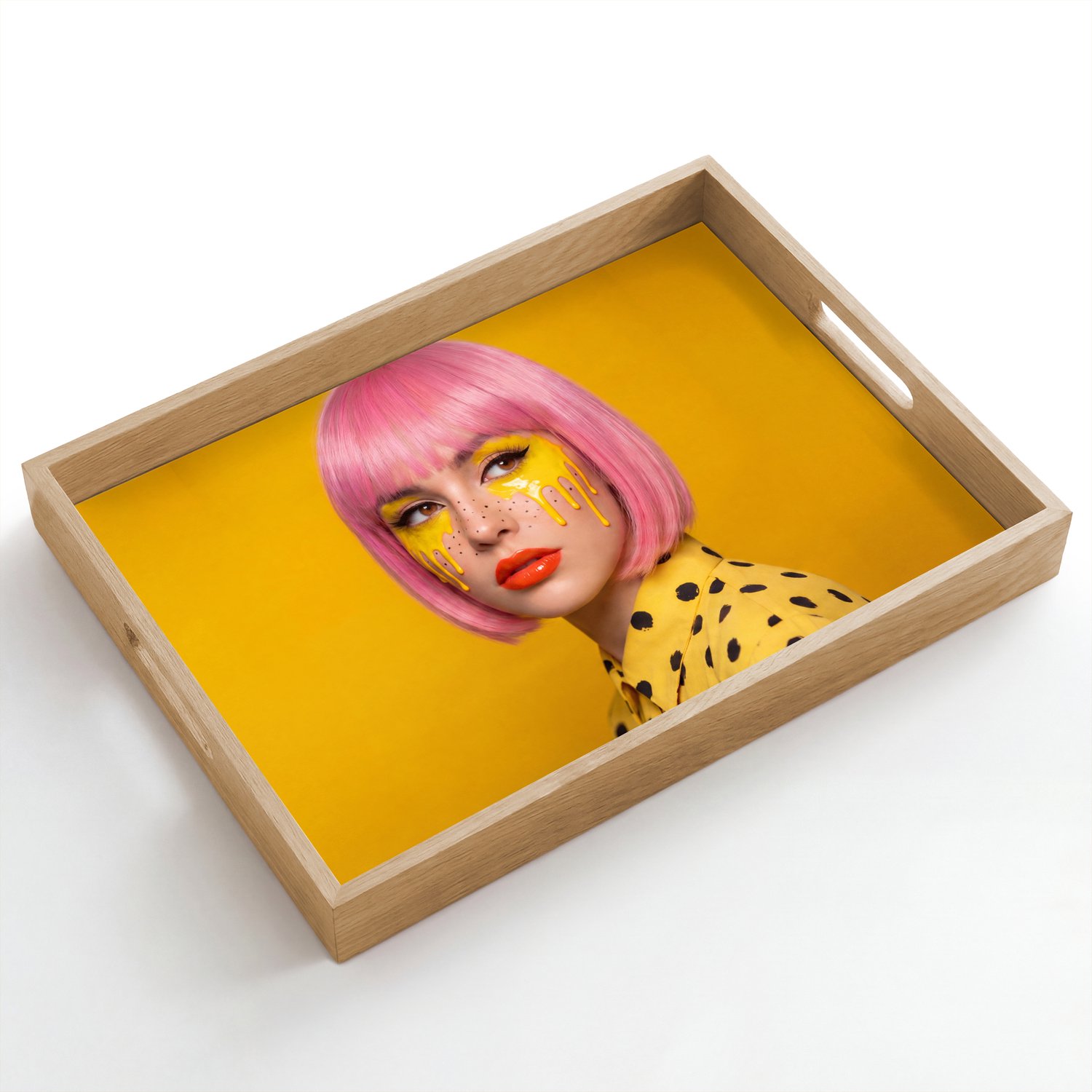 Dienblad hout 50x35 cm - Schootdienblad - Vrouw - Portret - Abstract - Kleurrijk - Geel - Borrelplank rechthoek - Plateau dienbladen