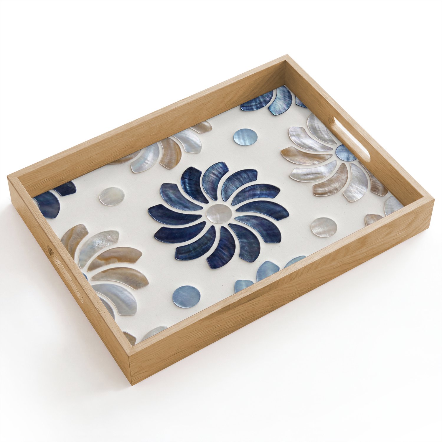 Dienblad hout 40x30 cm - Schootdienblad - Bloemen - Parelmoer - Abstract - Patroon - Blauw - Borrelplank rechthoek - Plateau dienbladen