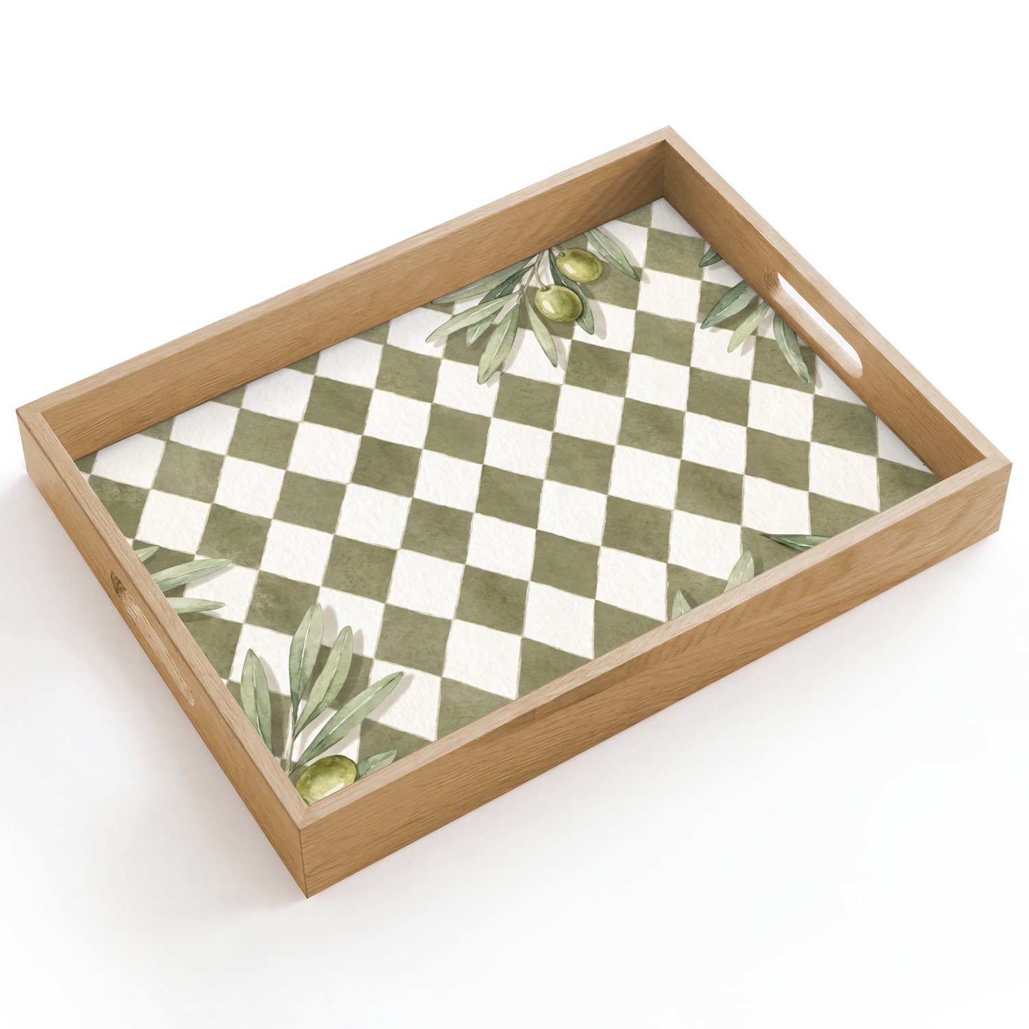 Dienblad hout 40x30 cm - Schootdienblad - Plant - Olijftakken - Waterverf - Mediterraan - Groen - Borrelplank rechthoek - Plateau dienbladen