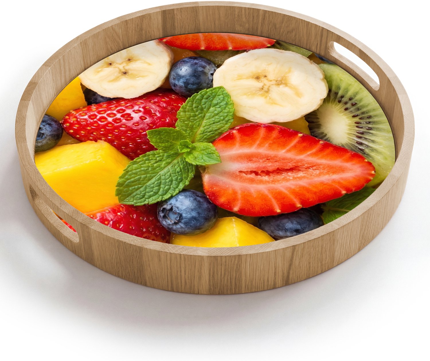Dienblad rond 40x40 cm - Schootdienblad hout - Fruit - Plakjes - Eten - Kleurrijk - Borrelplank rechthoek - Plateau houten dienbladen