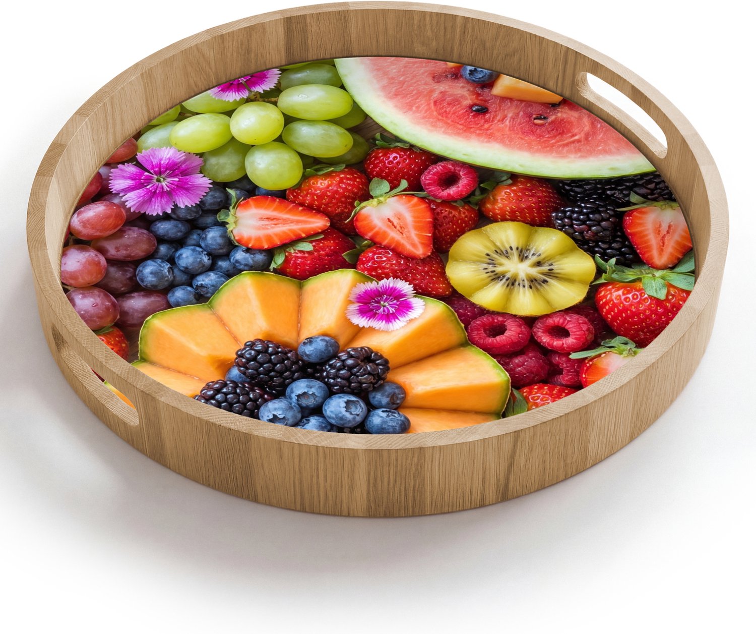 Dienblad rond 40x40 cm - Schootdienblad hout - Fruit - Vers - Variatie - Eten - Kleurrijk - Borrelplank rechthoek - Plateau houten dienbladen