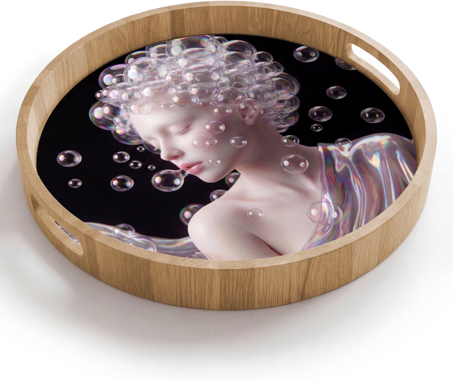 Dienblad rond 40x40 cm - Schootdienblad hout - Vrouw - Bellen - Abstract - Kleurrijk - Borrelplank rechthoek - Plateau houten dienbladen