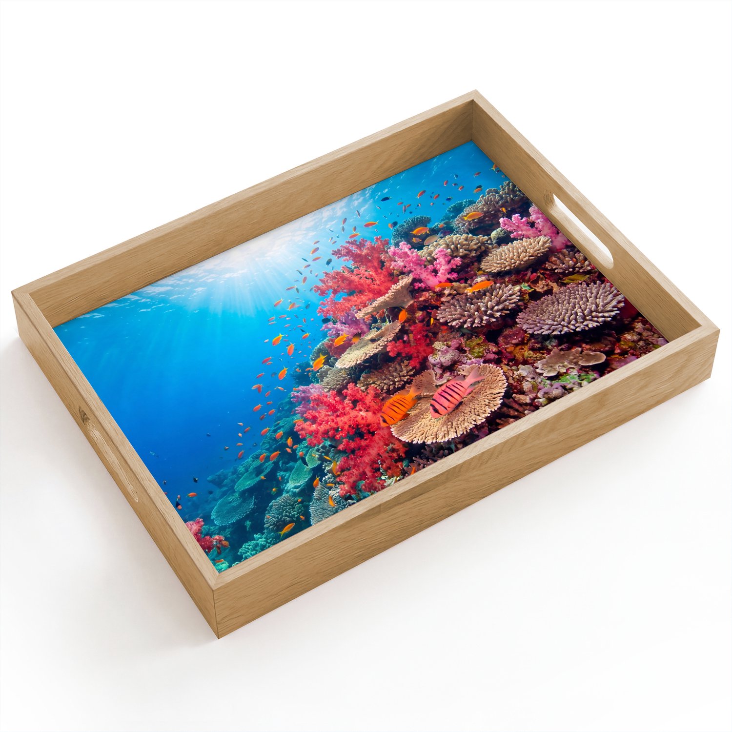 Dienblad hout 40x30 cm - Schootdienblad - Koraalrif - Vissen - Onderwater - Tropisch - Rood - Borrelplank rechthoek - Plateau dienbladen