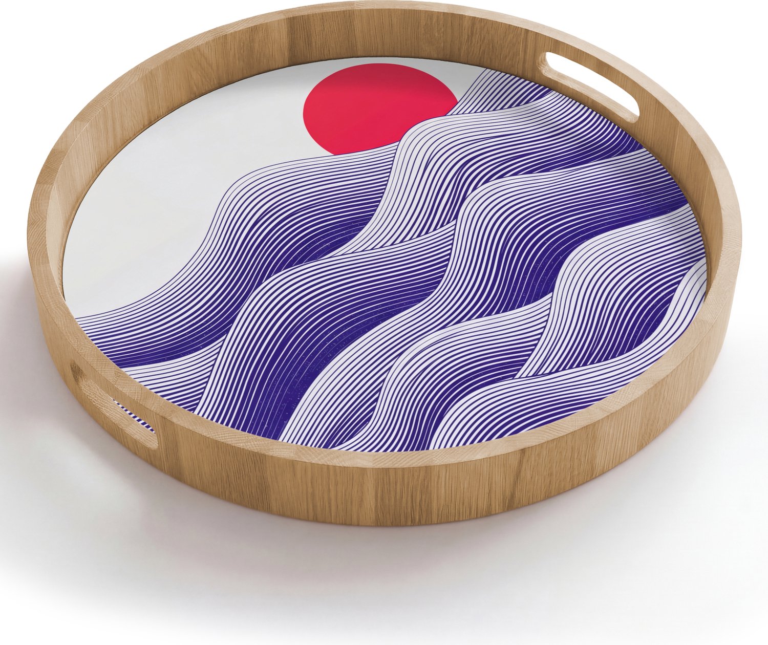 Dienblad rond 50x50 cm - Schootdienblad hout - Golven - Zon - Natuur - Abstract - Rood - Borrelplank rechthoek - Plateau houten dienbladen