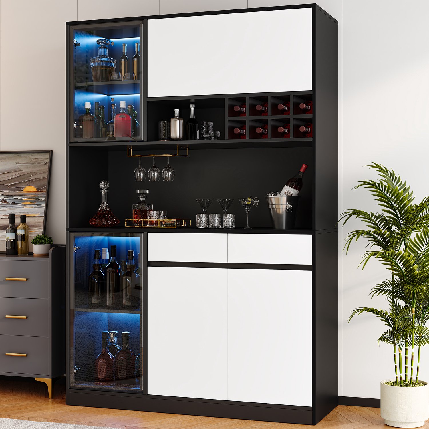Wishdor Hoge vitrinekast met LED-verlichting - Glazen deuren en wijnrek - Open vakken en gesloten opbergruimte - Modern ontwerp voor woonkamer en eetkamer - MDF - Zwart en wit - 120 x 35 x 180 cm