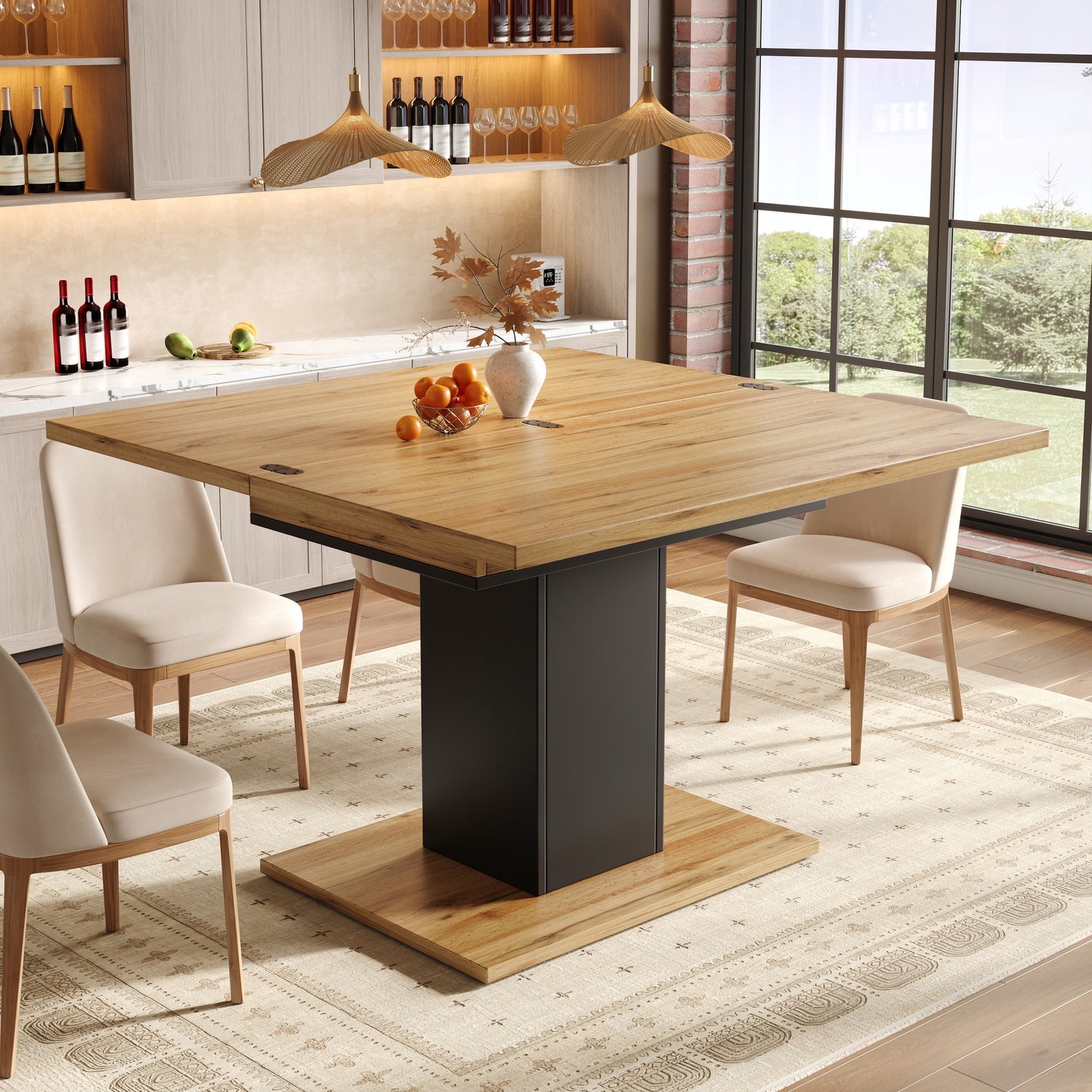 Sweiko Uitschuifbare Eettafel - Opvouwbaar tafelblad - Met opbergruimte - 120 × 120 × 75.1 cm - Natuurlijke + Zwart