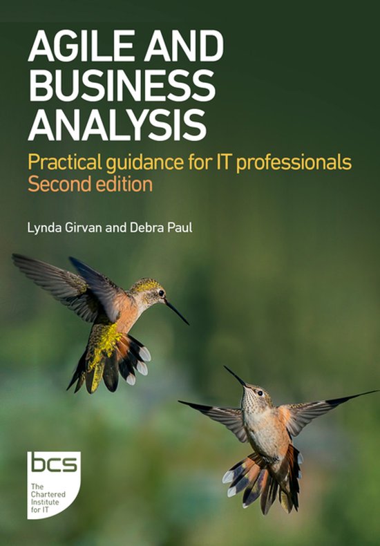 Boekomslag 'Agile and Business Analysis' met twee kolibries tegen een groene achtergrond.