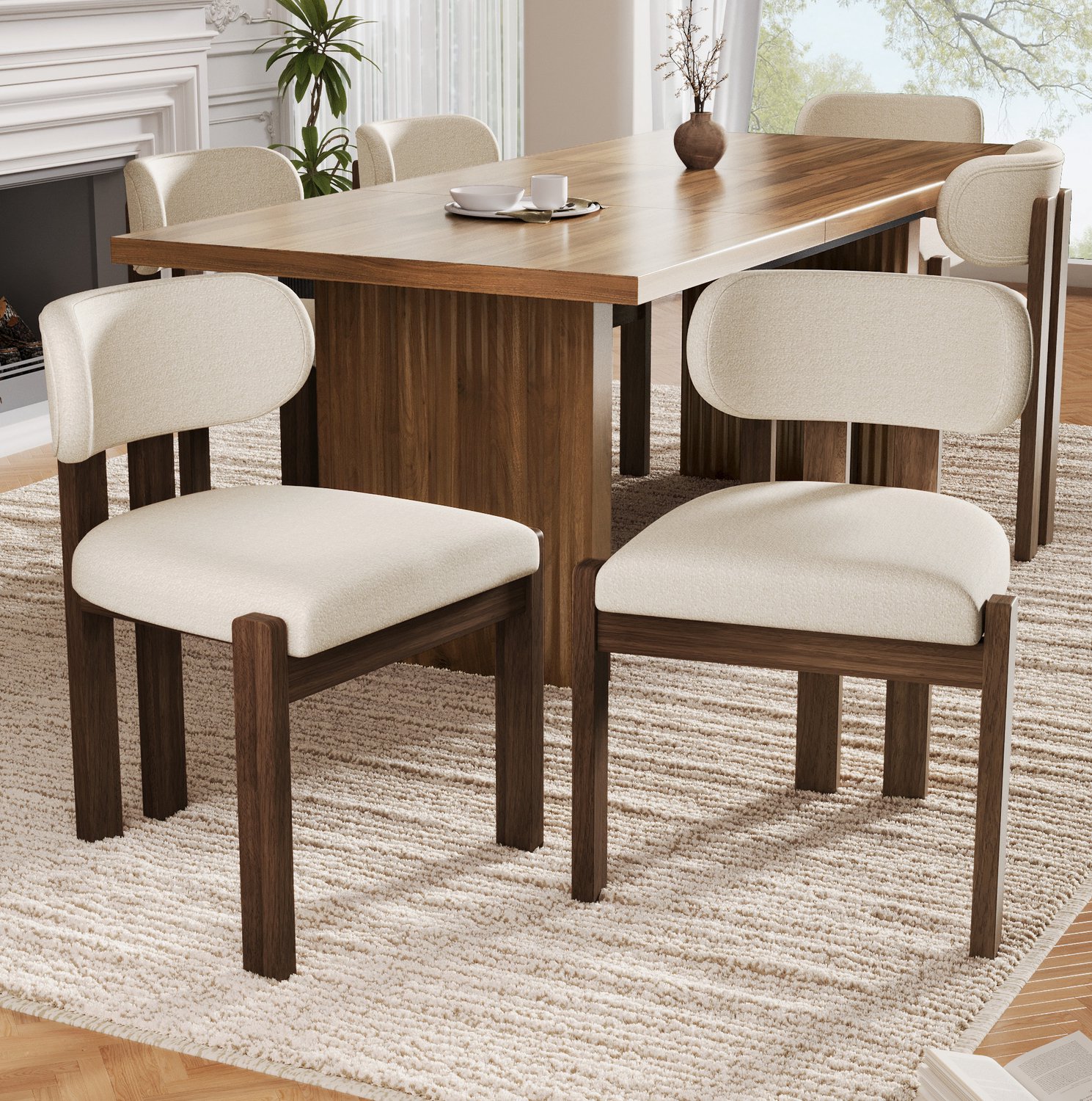 STILVORA Eetkamerstoelen 54 x 54 x 79 cm - Set van 6 - Zachte Bouclé Bekleding - Voor Eetkamer en Woonkamer - Hout - Walnootkleur en Lichtbeige