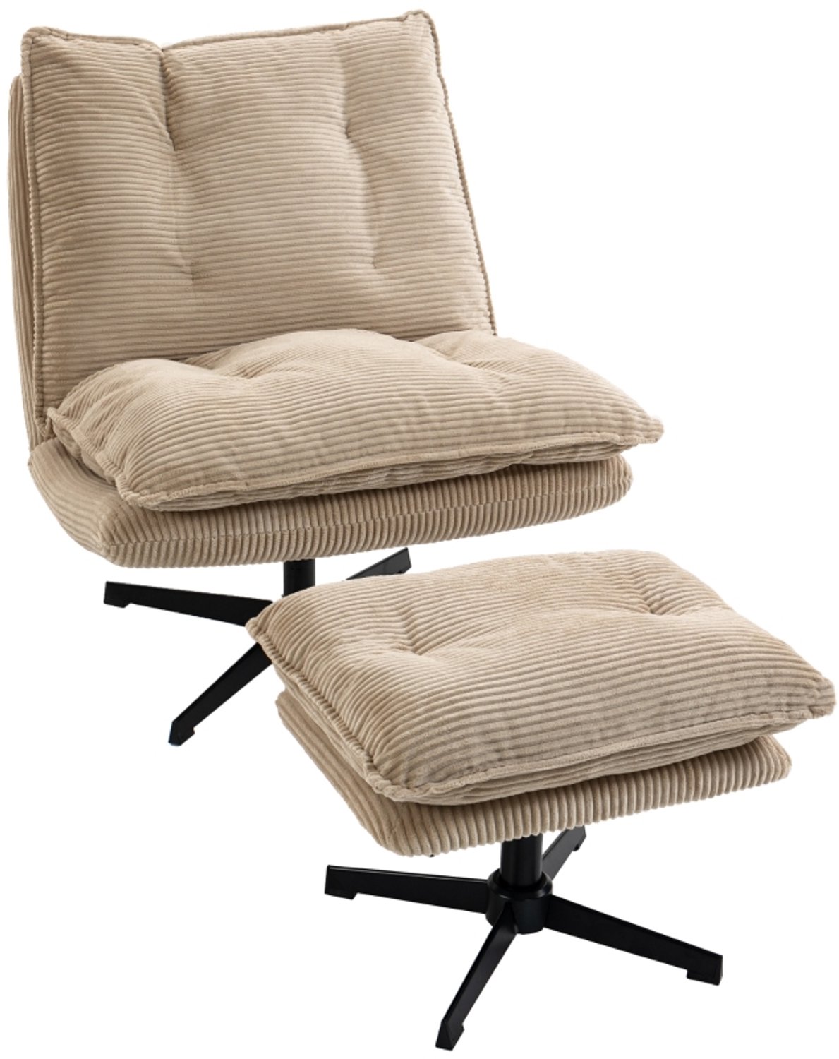 OKWISH Relaxfauteuil met Hocker - 360 Graden Draaibaar - Verstelbare Voetensteun - Voor de Woonkamer - Ribfluweel - Beige